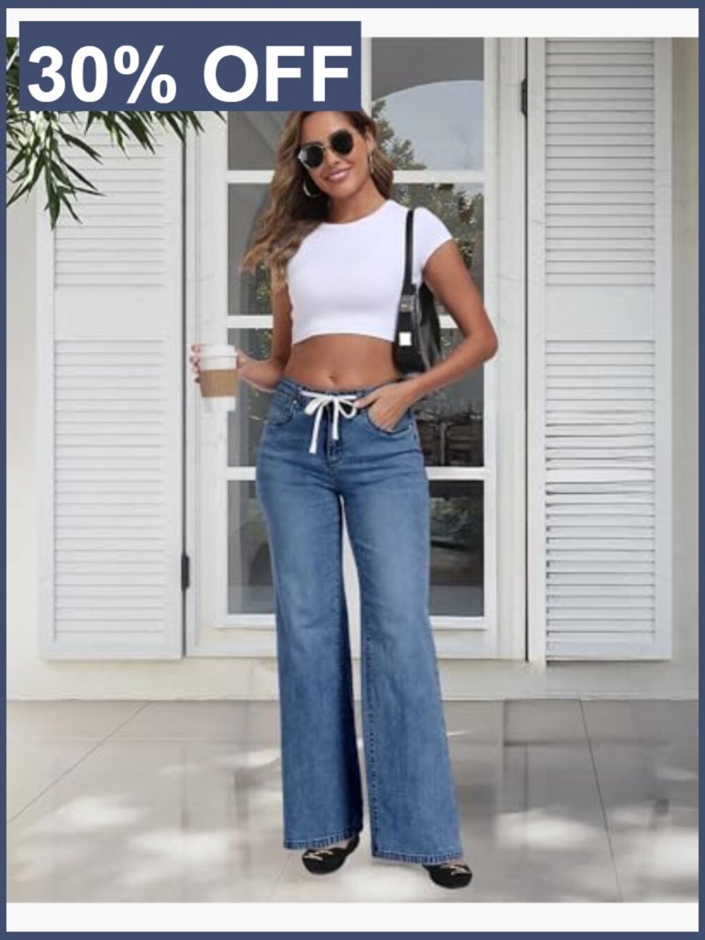 High Waist Wide Leg Jeans with Drawstring Stretchy Denim Pants - Picture 5 of 5